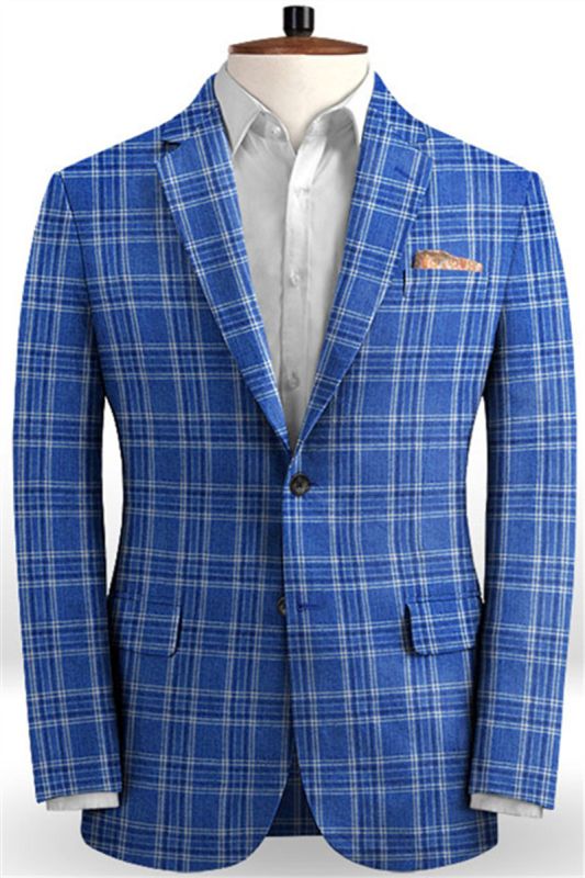 Ocean Blue Check Business Mens Suit | Formal Linen Notched Lapel Tuxedo