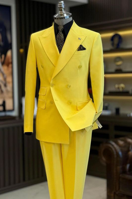 Brady Yellow Double Breasted Peak Collar Slim Fit Mens Two Piece Prom Tuxedo