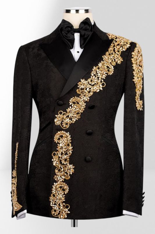 Brady Men's Black Double-Breasted Tuxedo with Gold Embroidery Prom Suit