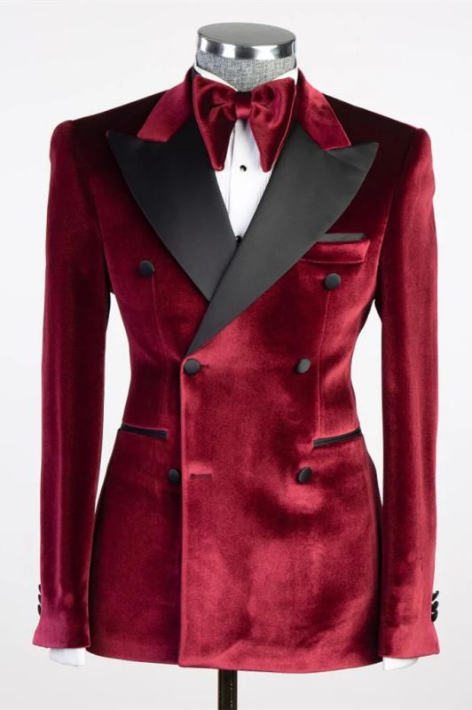 Burgundy Peaked Lapel Double Breasted Velvet Prom Two Piece Suits