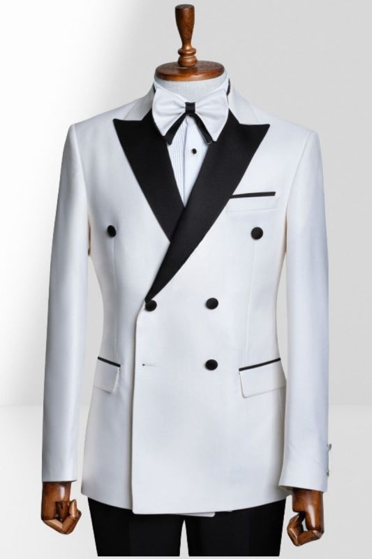 White Peak Collar Double Breasted Men Peak Collar Two Piece Suit