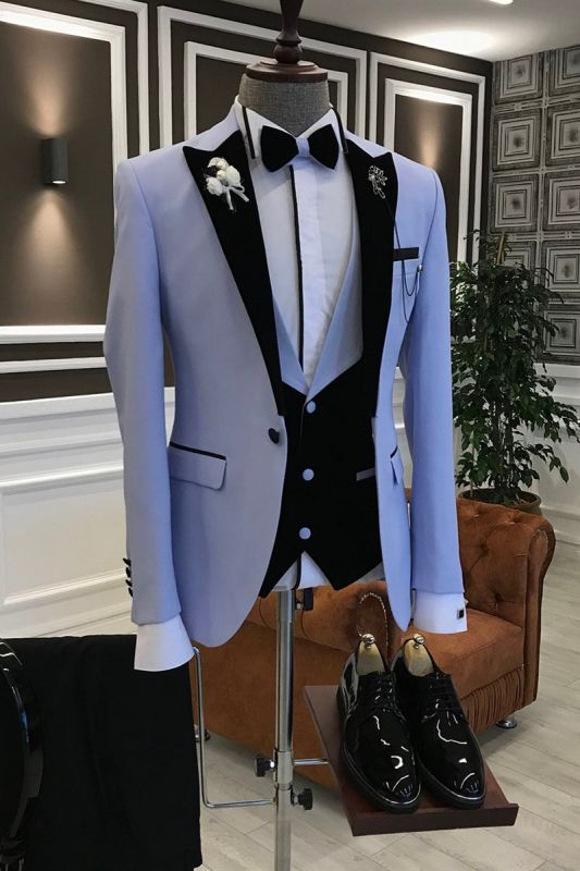 Sam Purple 3-Piece Black Pointed Lapel Slim Fit Prom Mens Suit