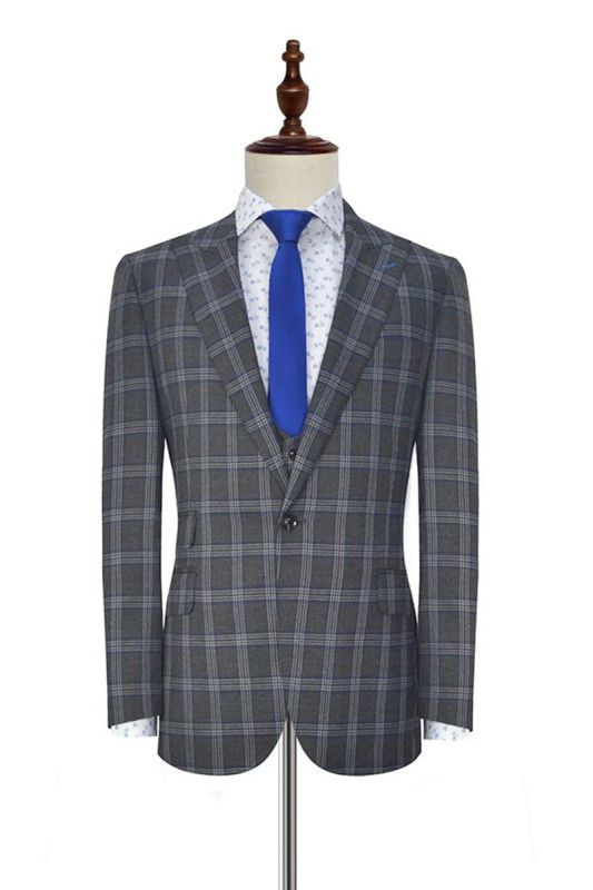 Soft Dark Grey Oversized Check Men Suit | Men Peak Lapel Three Piece Suit