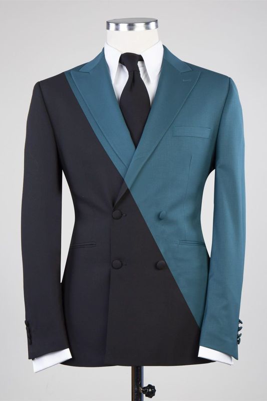Modern Gray Blue And Black Double Breasted Men Ball Suit With Peak Collar