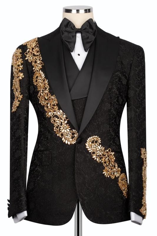 Brady Gold Crystals Appliques Black Three Piece Jacquard Mens Suit
