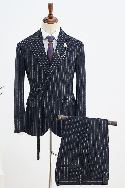 Bernard Sleek Black Striped Adjustable Belt Slim Fit Suit ｜ Silver Stripes