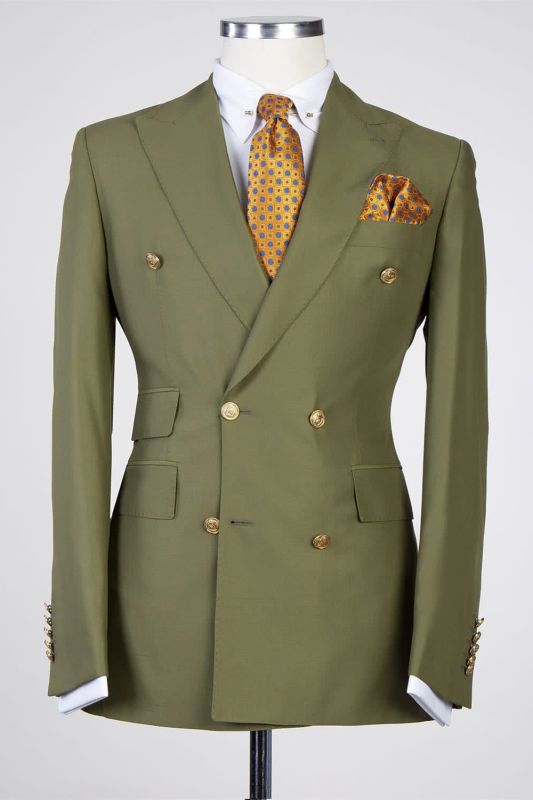 Olive Green Pointed Lapels Double Breasted Prom Men Suits