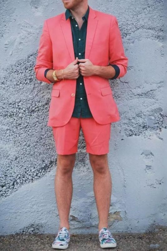 Marc Summer Orange Notched Lapel Mens Suit with Shorts