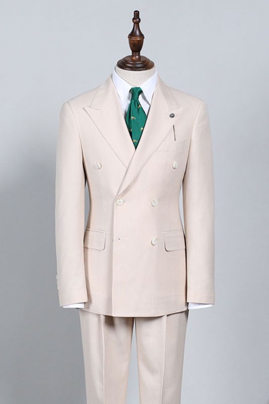 Noah Handsome Light Khaki Striped Double-Breasted Tailored Suit