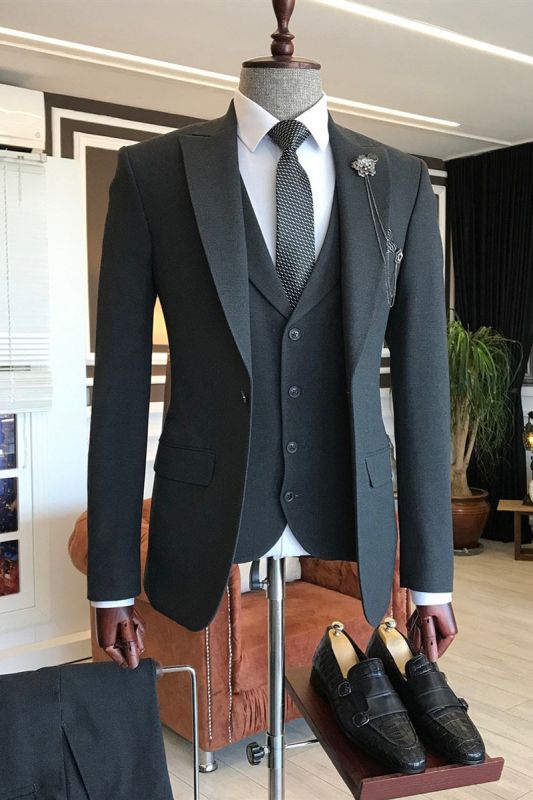 Richard Heritage All Black 3 Piece Slim Fit Tailored Mens Business Suit