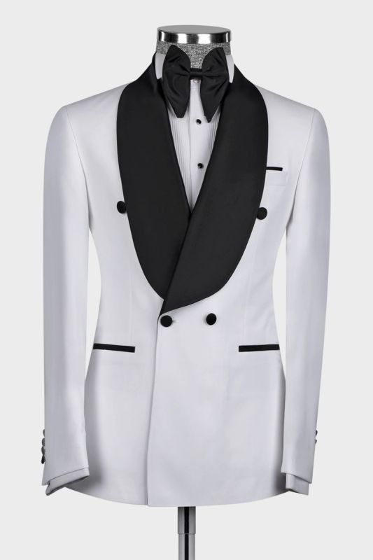 White Double Breasted Flap Wool Blend Shawl Collar Men Wedding Suit