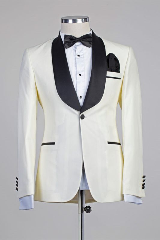 Moses Ivory One-Button Simple Slim Fit Black Lapel Wedding Suit