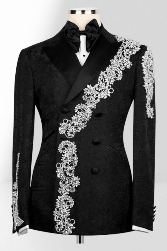 Men's Black Double-Breasted Tuxedo with Silver Embroidery Custom Prom Suit for Weddings & Formal Events
