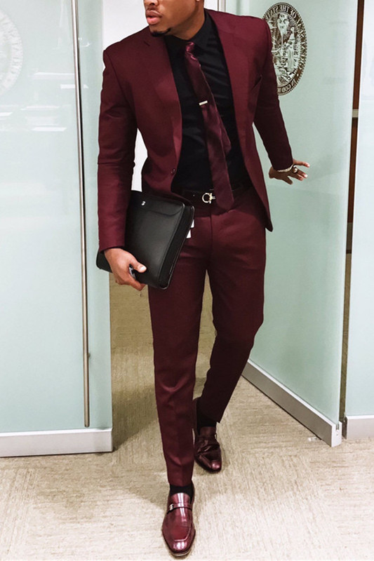 Handsome Burgundy Mens Business Suit | Slim Fit One Button Prom Outfit (Blazer Pants)