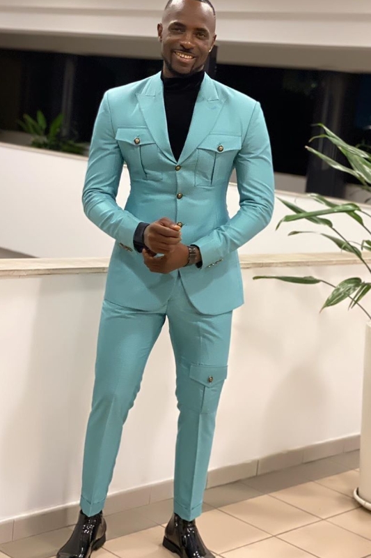 Decent Teal Peaked Lapel Close Fitting Two Prom Suits