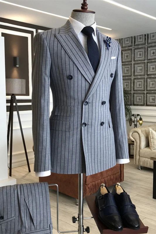 Gray Striped Peaked Lapel Double Breasted Men Business Two Piece Suits