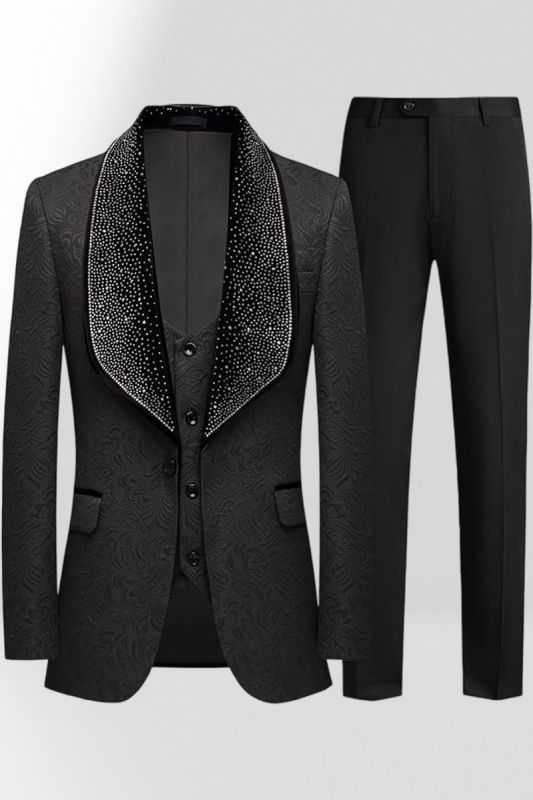 Brady Men's Black 3-Piece Jacquard Suit with Rhinestone Shawl Lapel & Prom Tuxedo