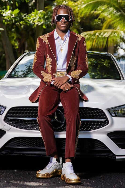 Hyman Handsome Reddish Brown Velvet Notched Lapel Beaded Prom Suit for Men | Formal Tuxedo