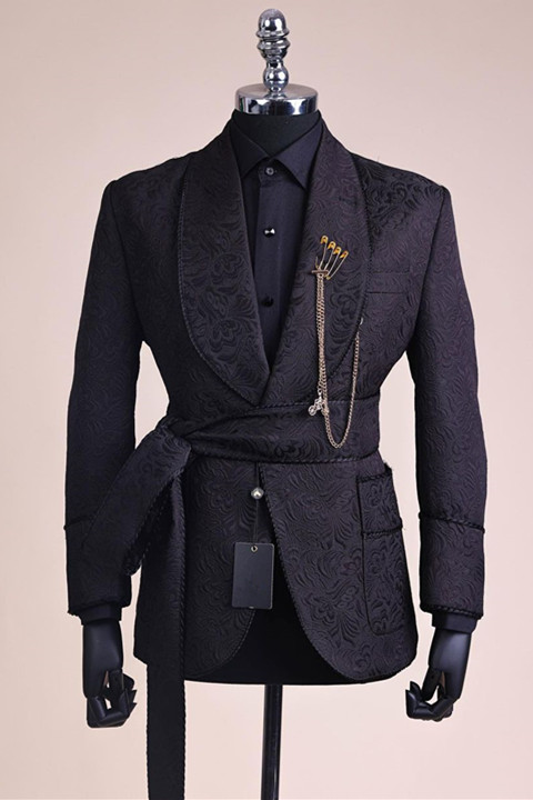 Black Jacquard Shawl Lapel Best Fitted Wedding Groom Suits Belt