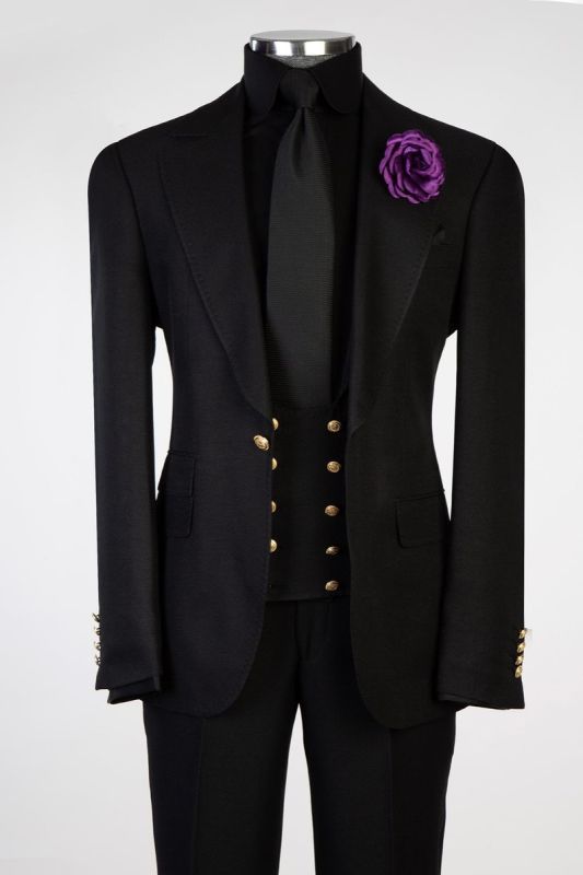 Elegant Black Mens Peak Collar Three Piece Wedding Suit