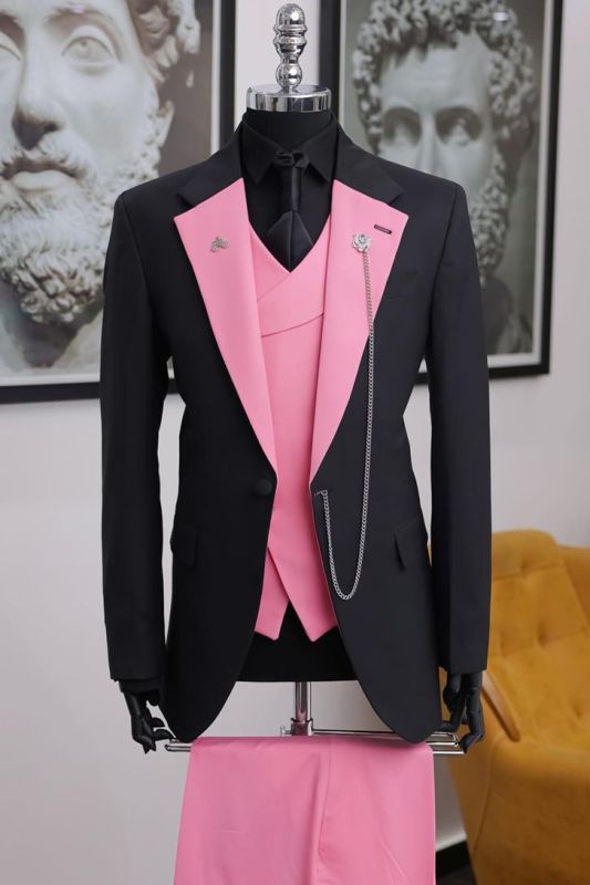Black Pink Contrast Lapel Suit Men Custom Tailored Formal Outfit For Wedding Prom Business Party