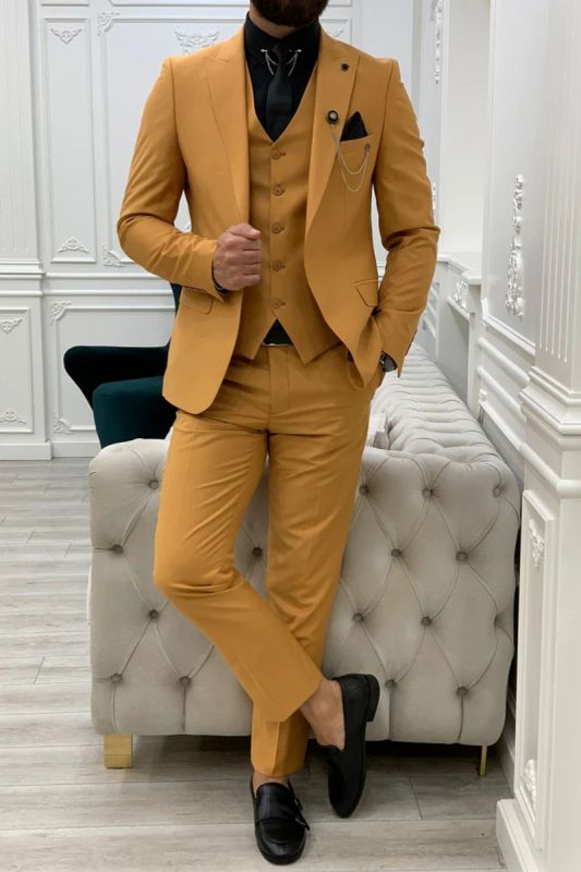 James Yellow Men's Peak Collar Three-Piece Slim Suit