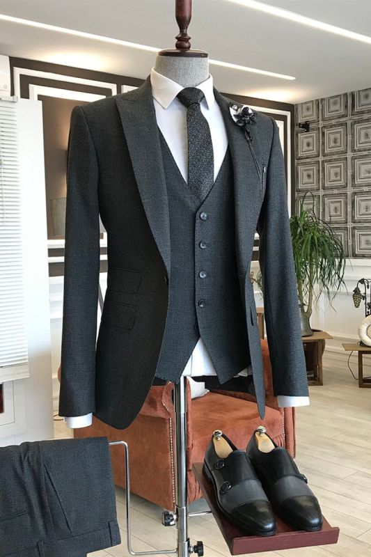 Marvin Handsome Black Point Lapel 3 Flap Slim Fit Mens Business Suit