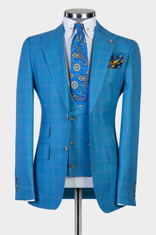 Blue Plaid Three Pieces Peaked Lapel Men Suits For Business