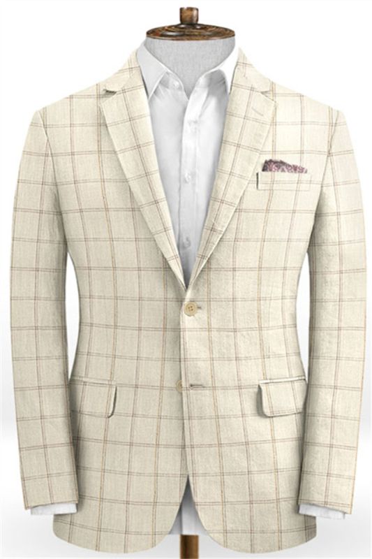 Light Champagne Check Linen Tuxedo | Fashion Two Piece Notched Lapel Mens Suit