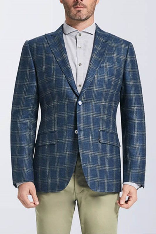 Men Classic Peak Lapel Navy Plaid Blazer