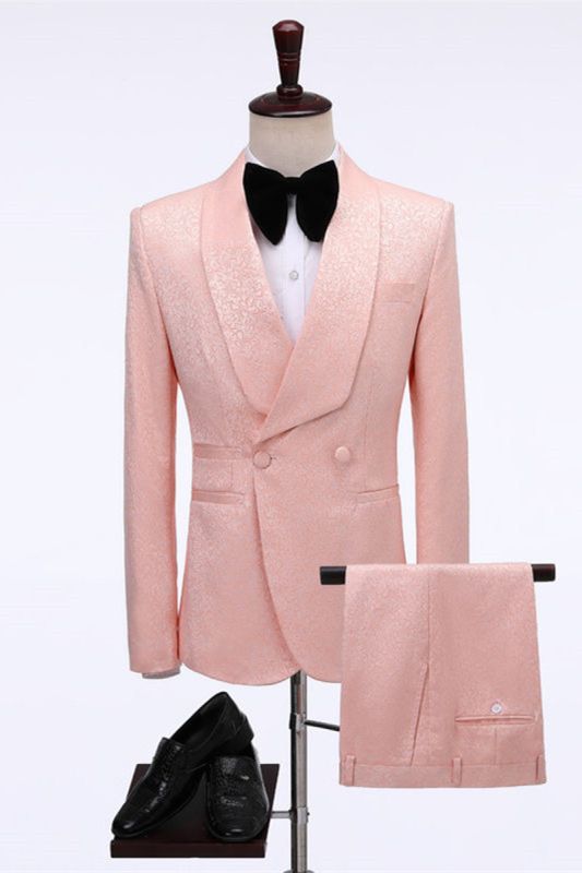 Eli Pink Double Breasted Jacquard Shawl Lapel Wedding Men Suit