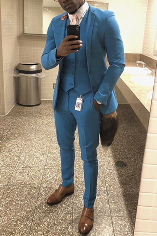 Ocean Blue Three-Piece Slim Fit Notch Lapel Mens Prom Suit