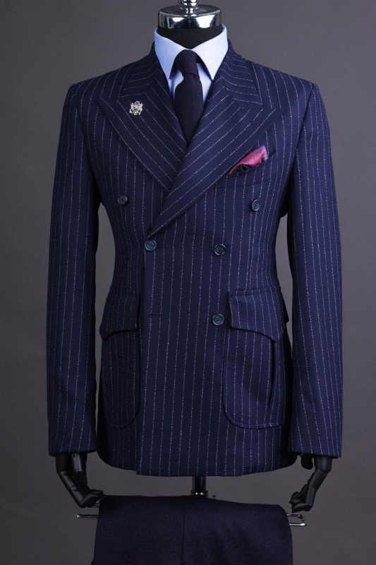 Brady Dark Blue Peaked Lapel Double Breasted Striped Business Suits