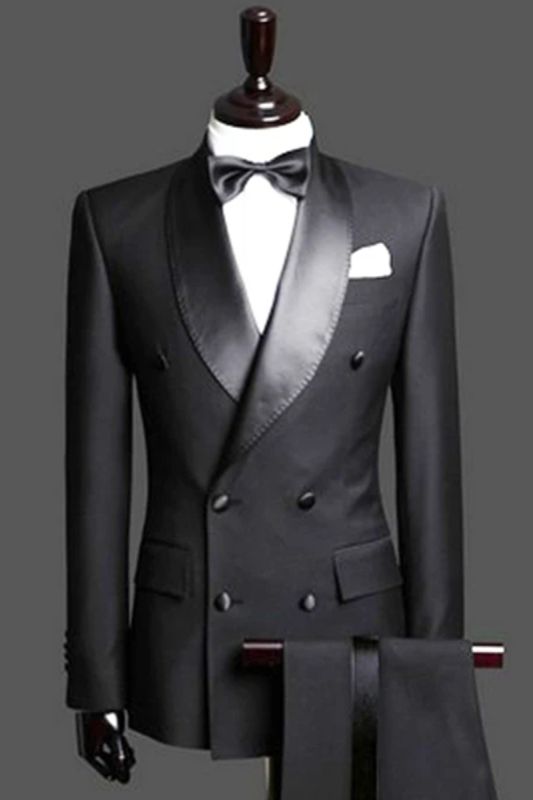Black Double Breasted Wedding Suit Tuxedo |  Satin Lapel for Wedding/Prom 2 Pieces (Jacket   Pants)