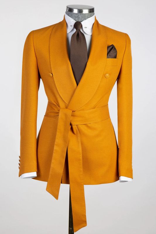 Bright Orange Slim Fit Double Breasted Shawl Collar Men Two Piece Tuxedo | With Belt