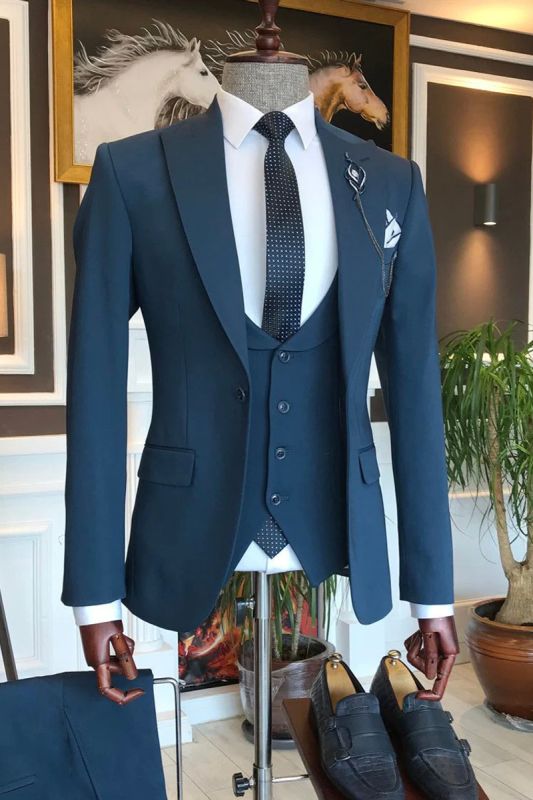 Navy Blue Crotch Collar One Button Men Three Piece Suit | Shawl Collar Vest Wedding Dinner Suit