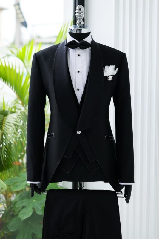 Matthew Simple Black Satin Shawl Lapel 3 Piece Tuxedo Stitch Trim Custom Wedding Suit With Vest Pants