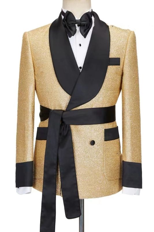 Shine Gold Yellow Men Robe Set Shawl Collar Two Piece | Belted Party And Prom Suit