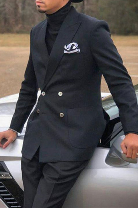 Double Breasted Black Business Mens Suit |  Slim Fit Point Collar Prom Mens Tuxedo