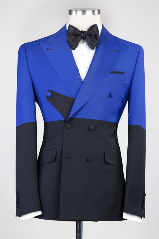 Blue And Black Double Breasted Pointed Lapel Prom Suit