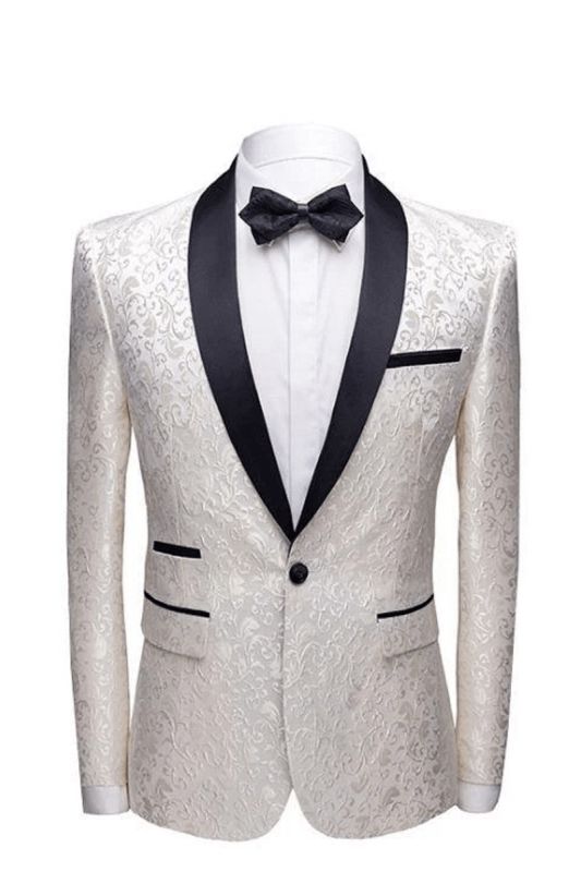 White Jacquard One Button Wedding Tuexdos | Black Shawl Lapel Mens Suit (Jacket Pants)