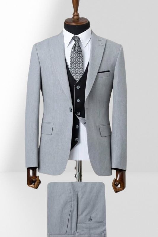 Light Gray Single Breasted Groom Three Piece Wedding Suit With Black Vest