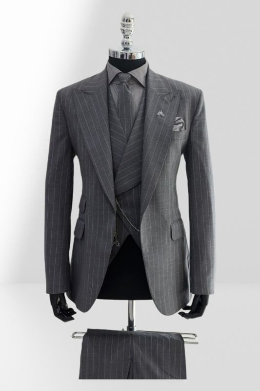 Billy Grey Peak Lapel Three-Piece Striped Business Suit