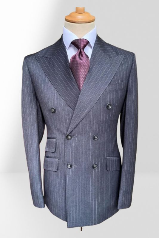 Brady Gray Double Breasted Striped Peaked Lapel Slim Fit Two Pieces Business Suits