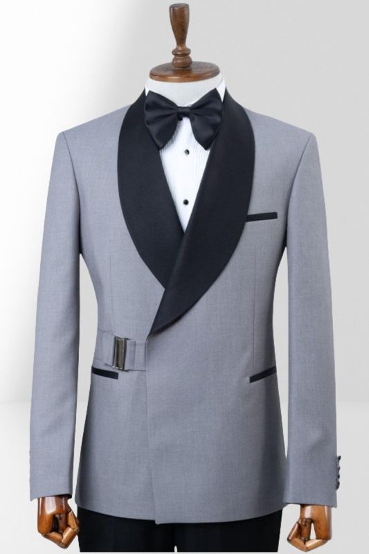 Stylish Grey Shawl Collar Two Piece Suit | With Adjustable Metal Buttons