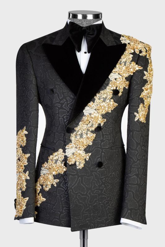Gold Beadings Appliques Black Jacquard Men Two Piece Suit with Velvet Lapel