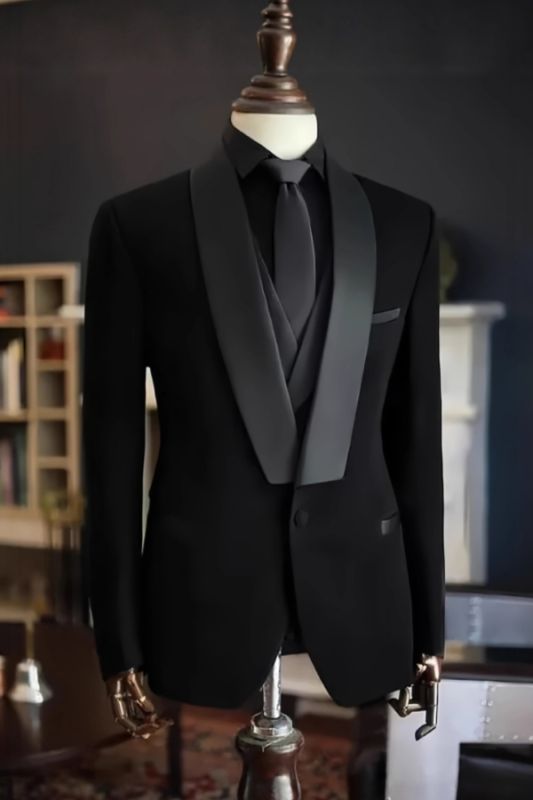 Men's 3 Piece Black Satin Shawl Lapel Tuxedo Suit for Wedding Prom
