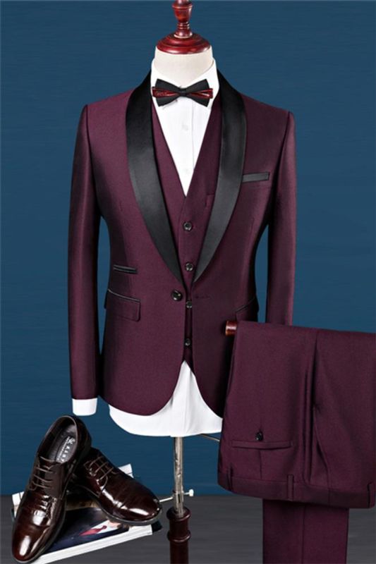 Burgundy Slim Shawl Lapel Groomsman Suit |  Fashion Black Trim Tuxedo Mens 3-Pack