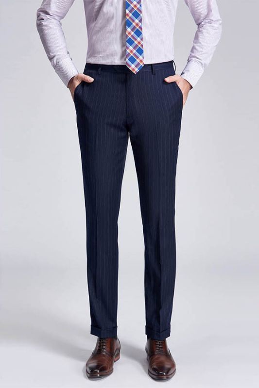 Light Grey Pinstripe Fashion Dark Navy Blue Men Formal Suit Trousers