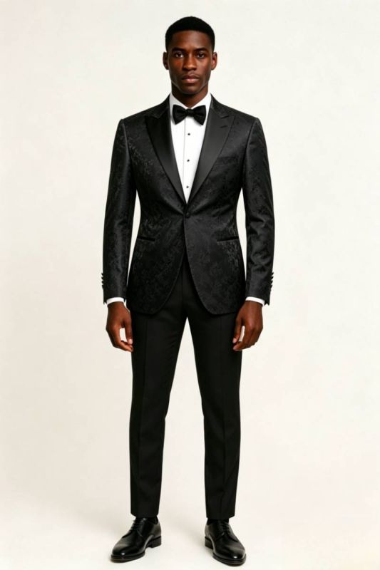 Black Jacquard Peak Lapel Tuxedo Jacket Slim Fit Men Formal Blazer Coat